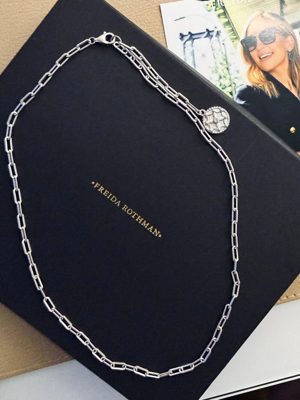 FREIDA ROTHMAN Silver Paperclip Chain Necklace Crystal Pendant Statement